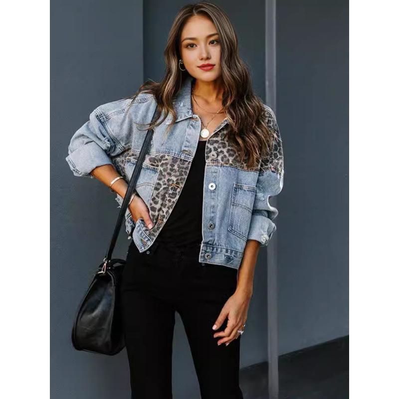 Women's Denim Jacket with Leopard Print - Long Sleeve, Autumn/Winter European and American Style