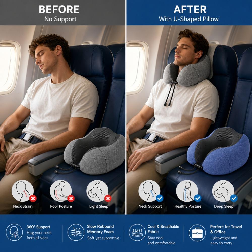 Cationic Cool Feeling U-shaped Pillow, Slow Rebound Memory Foam Neck Support Travel Pillow for Office Nap