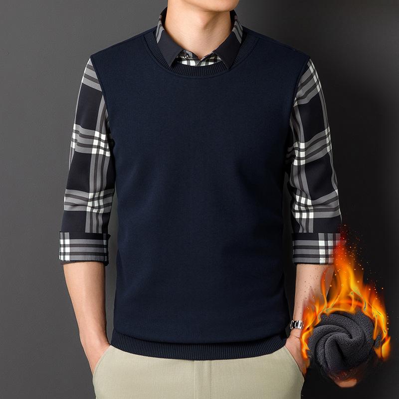 Zimowa Koszula Ciepły Sweter Fałszywa Dwuczęściowa Zakrywająca Głowę Pluszowa Pogrubiona Biznesowa Casual Bezszwowa Koszula Męska