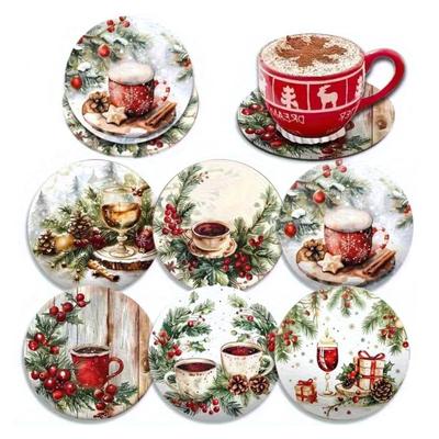 6 Pièces/Ensemble Sous-Verres de Noël Scène de Neige Imprimé Branche de Pin Sous-Verres Étanches Décoratifs