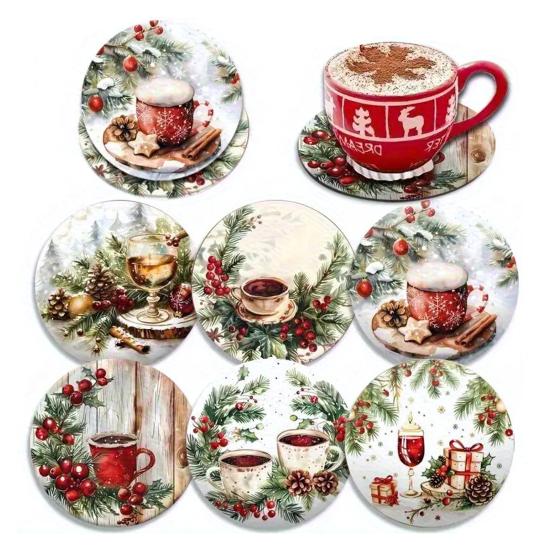 6Pcs/Set Christmas Coaster Snow Scene Pine Branch Print Coasters Waterproof Decorative Christmas Table Accessories