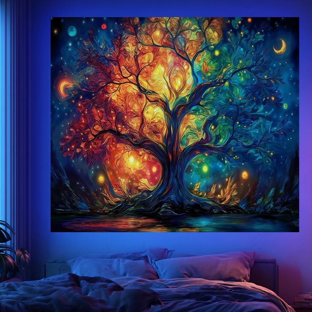 Mystic Tree of Life Tapestry, Boho Colorful Galaxy Moon Print Large Wall Hanging for Bedroom Living Room Aesthetic Decor