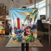 Lilo Sitting On Stitch Head Flower Crown Sunset Beach Print Flannel Blanket Soft Warm Throw Blanket For Home Sofa Bedroom Gift
