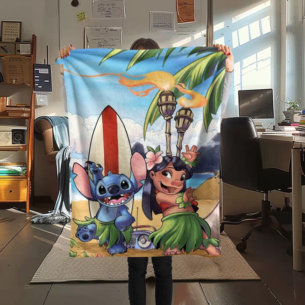Lilo Sitting On Stitch Head Flower Crown Sunset Beach Print Flannel Blanket Soft Warm Throw Blanket For Home Sofa Bedroom Gift