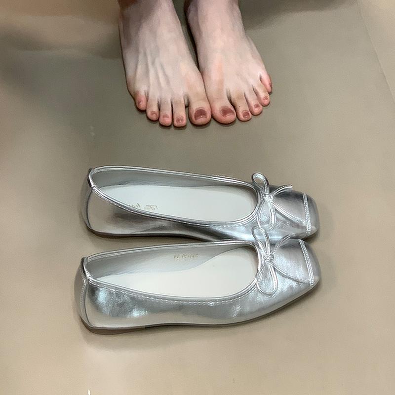 Designer Silvery Women Flats Shoes Concise Soft Leather Eelgant Butterfly-knot Mary Jane Shoes