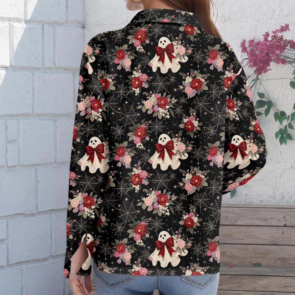 Women Button Down Long Sleeve Collared Shirt with Halloween Themed Print Casual Fit Blouse Top