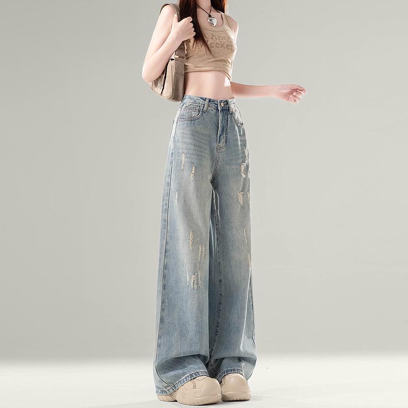 Women s Summer Retro Slimming Ripped Jeans - Straight-Leg, Petite, Trendy Wide-Leg Design XXXL синий