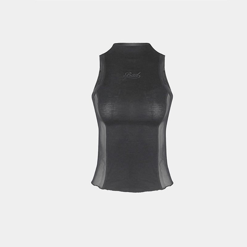 Американская остромодная девушка Корейская Прозрачная Высоко воротниковая Майка Топ S серый