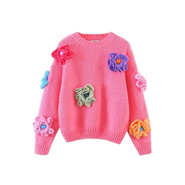 Новый трехмерный цветочный вязаный женский свитер для женщин, новый свободный, томный, ленивый, ветер, иностранный, сладкий, женский свитер One Size розовый
