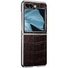 Slim Case for Samsung Galaxy Z Flip 6, Light Luxury Genuine Leather Crocodile Pattern Business Phone Cover with Plating Frame Shockproof Case,Brown
