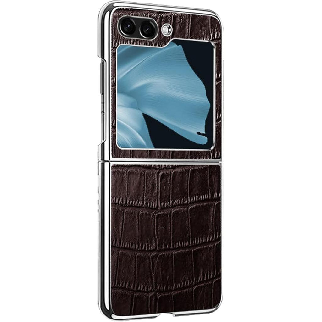 Slim Case for Samsung Galaxy Z Flip 6, Light Luxury Genuine Leather Crocodile Pattern Business Phone Cover with Plating Frame Shockproof Case,Brown