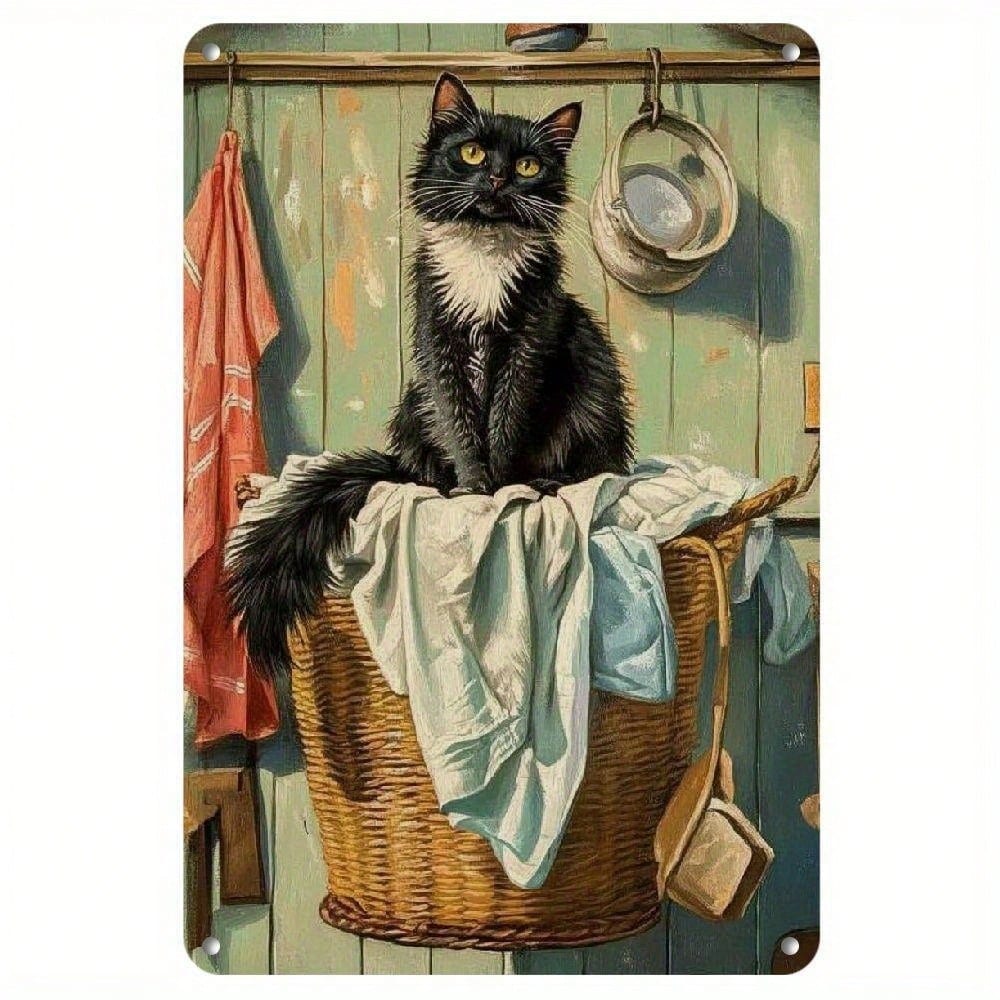 Vintage Black Cat Metal Poster, Retro Laundry Sign Wall Art 20x30 cm