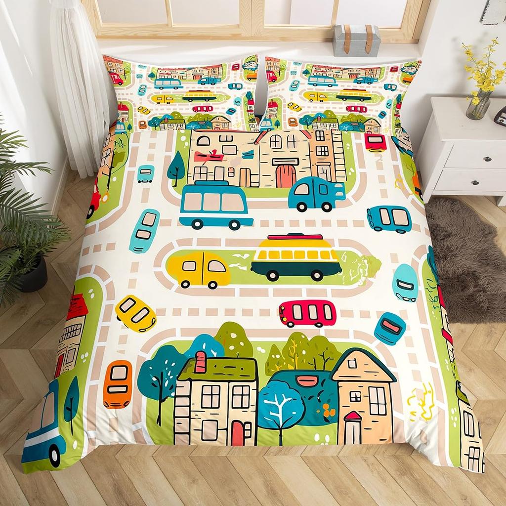 Rustic Suburb Duvet Cover Countryside House Tree Hand Graffiti Bedding Set Nature Scenery Comforter Cover Blue River Quilt Cover