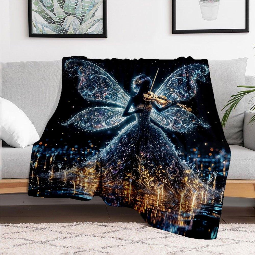 "Enchanted Fairy Violinist Wall Art Print"Blanket Flannel Throw Blanket for Sofa, Bed, Travel, Camping, Office, Couch, Chair, And Bed Gift F
