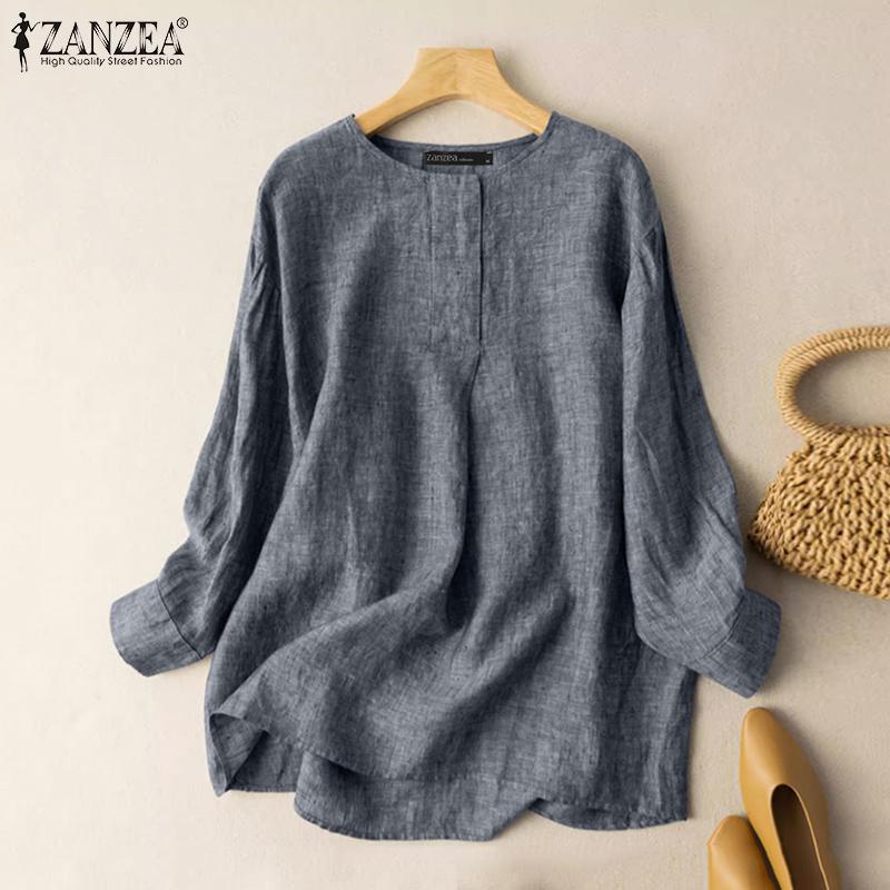 

ZANZEA Женская повседневная свободная однотонная блузка с длинным рукавом и круглым вырезом