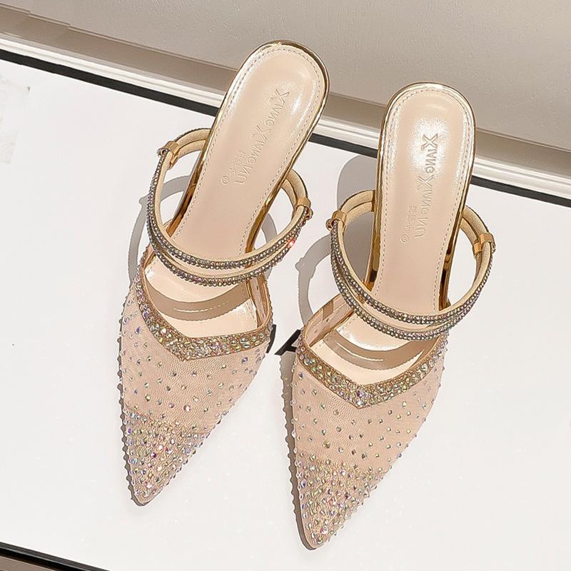 High heels women wear two sandals with one word outside, thin heels, small size, pointed rhinestone mesh, sexy large size bag head sandals.