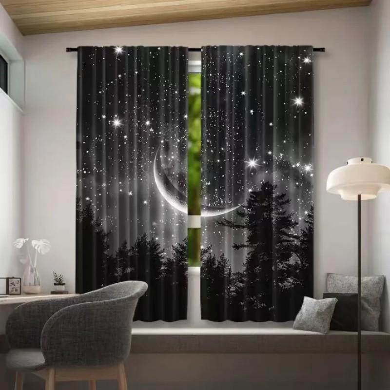Starry Moon Forest Polyester Curtains Set Two Window Treatments Of 2 Made