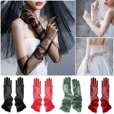 Damen Ultra Tüll Handschuhe Netz Transparent Vollfinger Ellenbogenlang Vintage Sonnenschutzhandschuhe Hochzeit Brautkleid Fäustlinge
