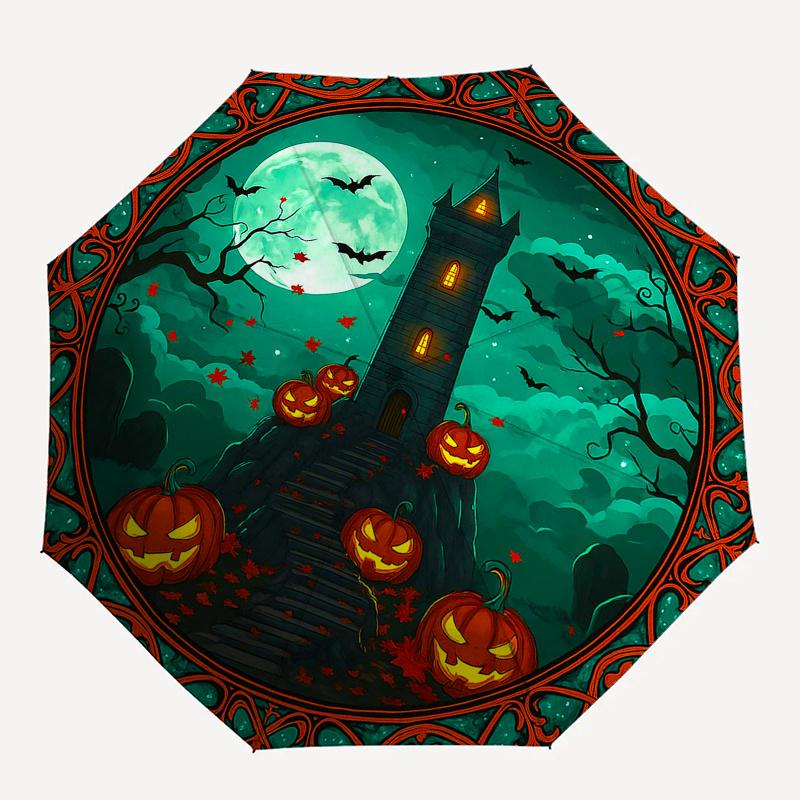 Halloween Haunted Castle with Jack-o'-lanterns StickerUmbrella, Portable 3-Fold Umbrella for Men & Women,Christmas Gift ES337