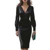 Modisches Damen V-Ausschnitt Tailliert Bodycon Schlankmachendes Satin Langarmkleid