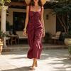 Summer Women Long Dress Solid Color Wide Straps Pleated Midi Dress Breathable Casual Sleeveless Slim Fit Above Ankle Length Dress