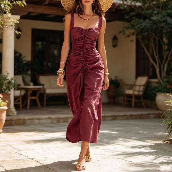 Summer Women Long Dress Solid Color Wide Straps Pleated Midi Dress Breathable Casual Sleeveless Slim Fit Above Ankle Length Dress