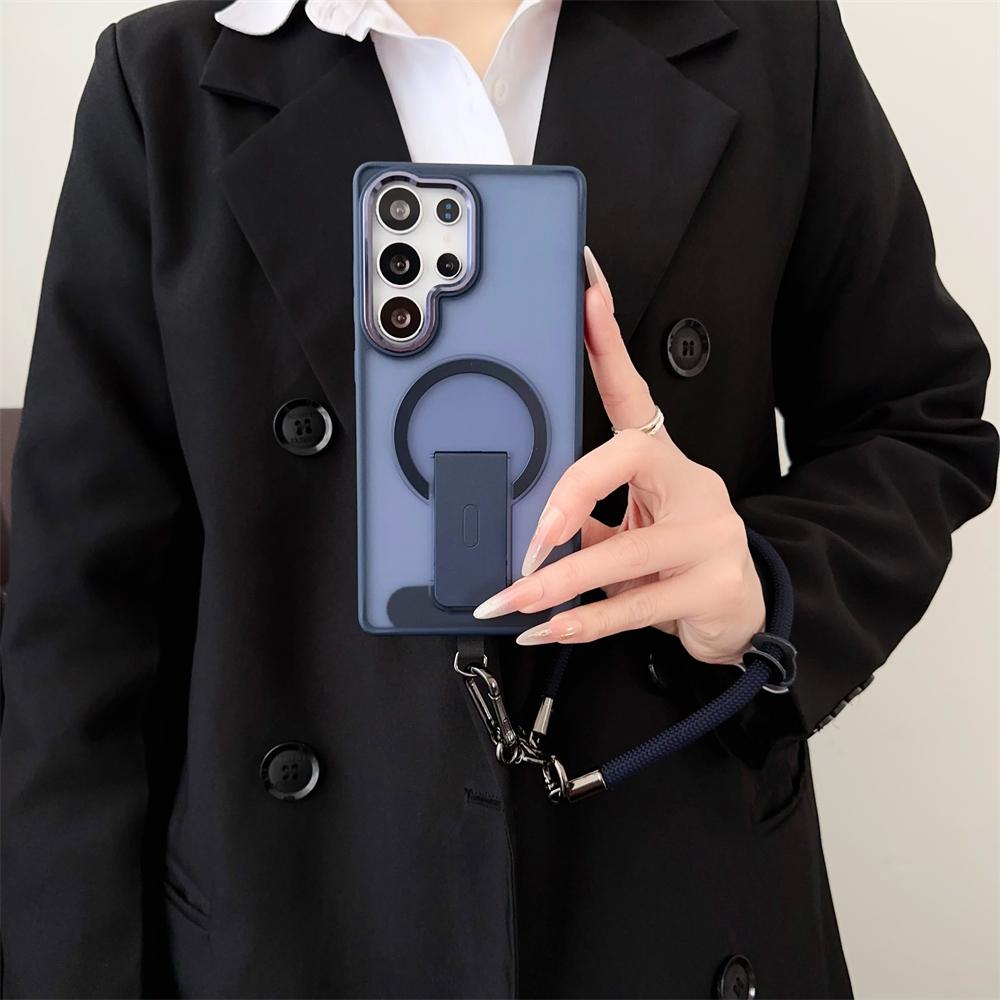 Matte Clear Stand Wrist Strap Lanyard Phone Case Samsung S25 S24 S23 S26 Ultra Plus S25 Edge For Magsafe Wireless Charge Cover