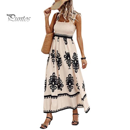 

Леди Летнее пляжное платье Эластичный бюст без рукавов с гофрированным принтом Трапеция с большим подолом и контрастным цветным принтом с открытой спиной Плиссированное платье макси для отпуска XL абрикосовый