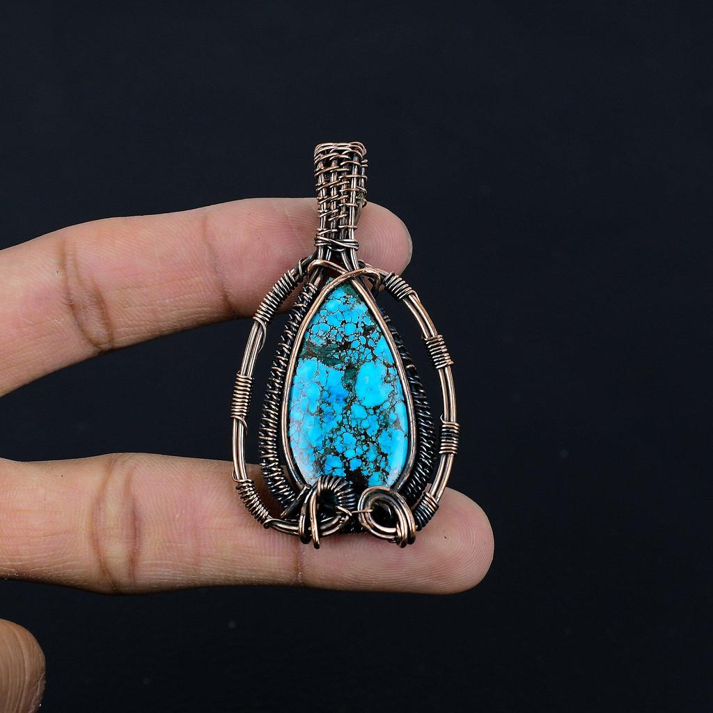 Tibetan Turquoise Pendant, 999 Copper Wire Wrapped Gemstone Jewelry, Handmade Pendant, For Thanksgiving