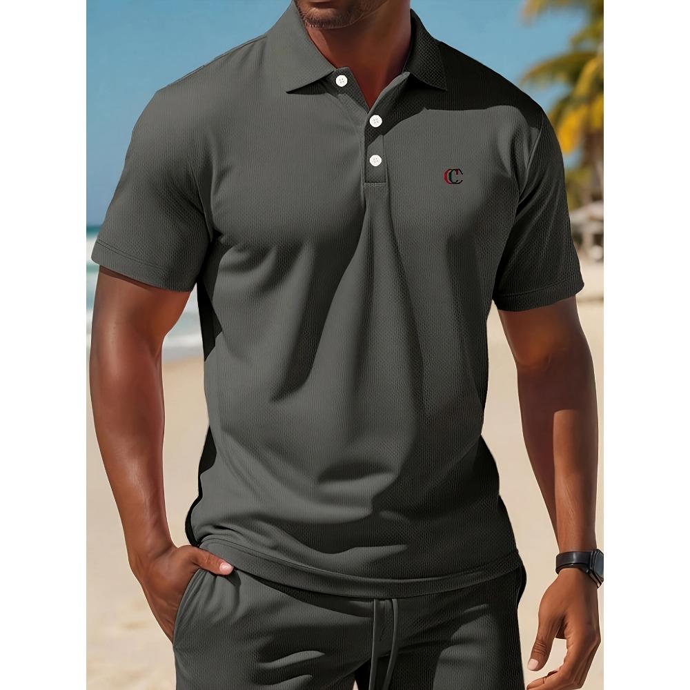 

Men Casual Sports POLO Shirt and Shorts Set CC Letter Print Design Short Sleeve Button Collar POLO Shirt M сірий