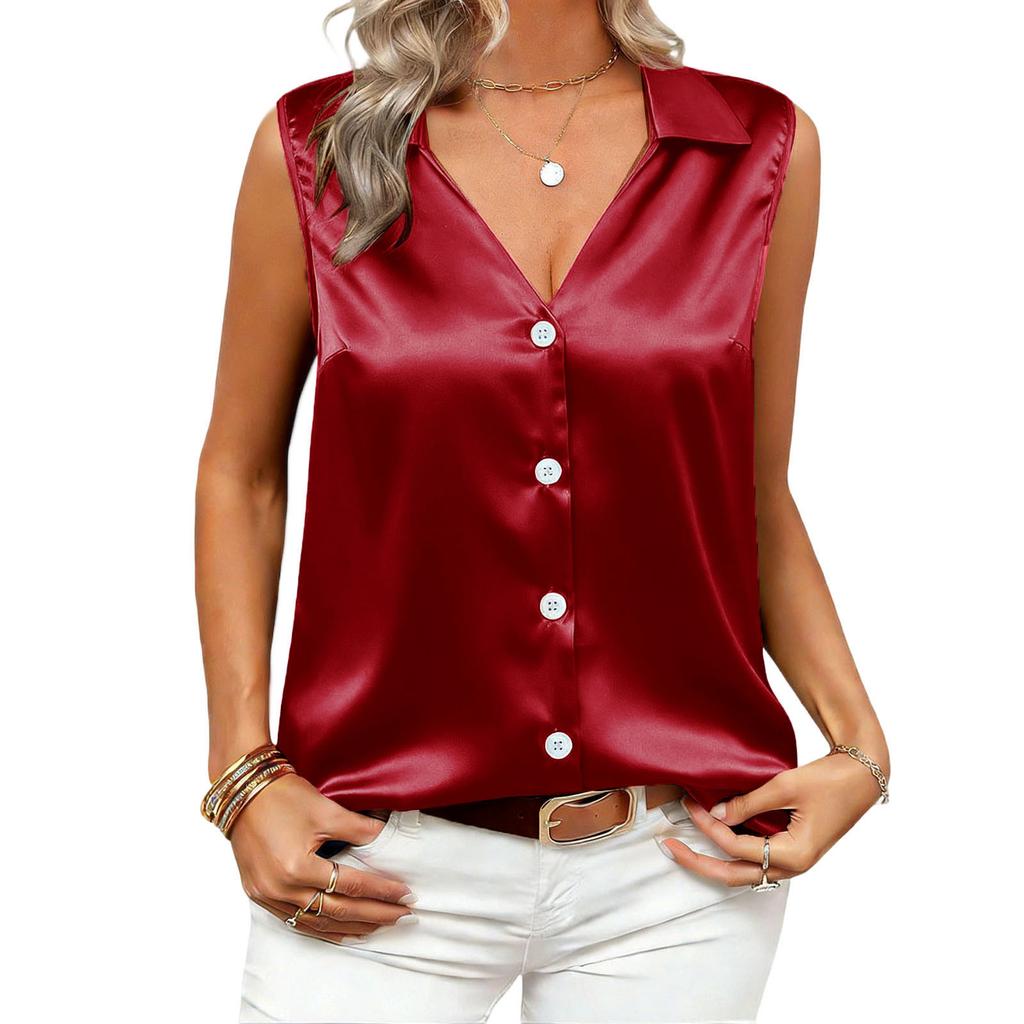 Women's Fashionable Casual Satin V-Neck Button-Down Sleeveless Loose-Fit Cardigan