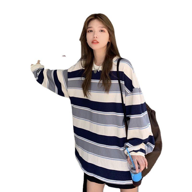 Trendy Striped Long-Sleeve Loose T-Shirt for Women - Fall 2023 Fashion