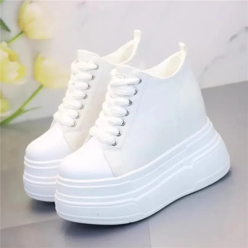 Fashion 12CM Canvas Shoes Fashion Sneakers White Chunky Platform Wedge Shoes Height Increased Woman Sports Casual Shoe Tennis Female