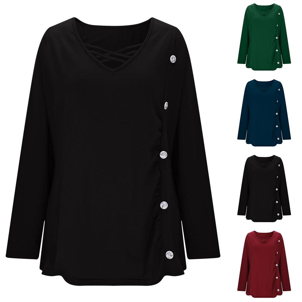 Ladies' Fashionable Casual Hollow V-neck Solid Color T-shirt Long Sleeved Top