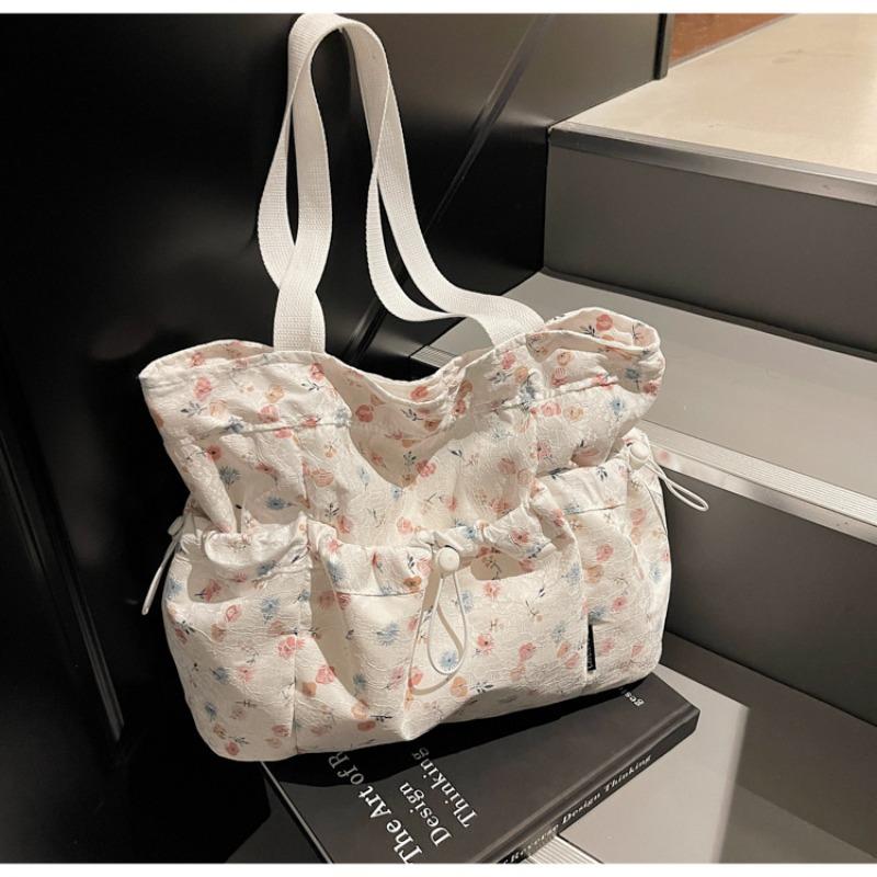 Department of Floral Cute Canvas Bag Niche Design Large Capacity Tote Bag Commuter Bag Shoulder Armpit Bag
