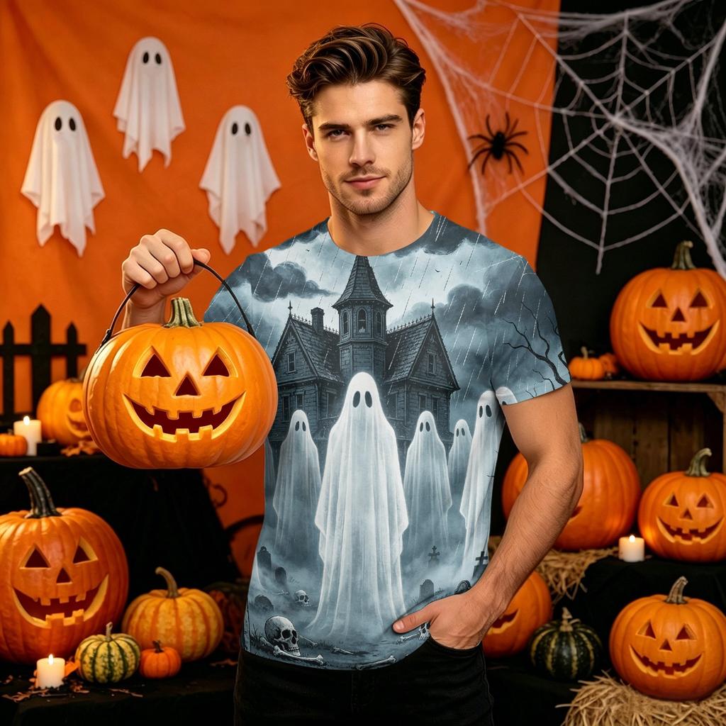 Men's Halloween Printed Neck Short Sleeve T-Shirt