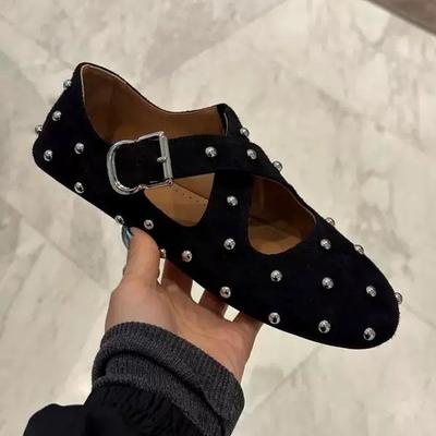Leather Korean Version Rivet Round Head Cross Buckle with Mary Jane Single Shoes Women's 2025 Spring and Summer New Ballet Flats