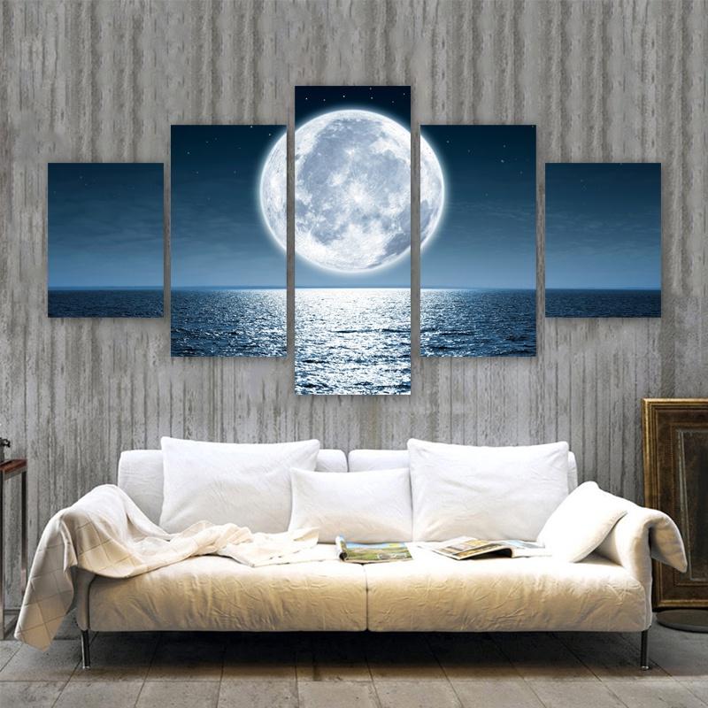 5 Panels Moon Sea Posters Canvas Painting Landscape Pictures Night Views Wall Art For Living Room Modern Home Decor No Frame