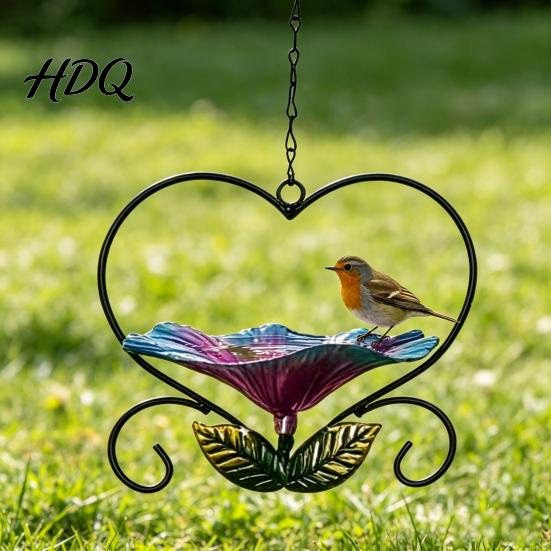 Weather Resistant Bird Feeder Hanging Metal Weather-proof Love Heart Flower Bath Outdoor Feeding Station Garden Patio Yard Watering Bowl with Hook