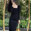 Women Spring Dress Square Neck Long Sleeve Slim Fit Tight Waist Pure Color Split Retro Elegant Lady Midi Dress