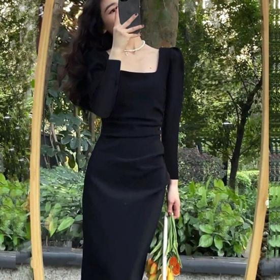 Women Spring Dress Square Neck Long Sleeve Slim Fit Tight Waist Pure Color Split Retro Elegant Lady Midi Dress