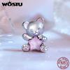 WOSTU 925 Sterling Silver Pink Couple Hearts Charm Star Bear Beads Dolphin Pendants Fit Original Bracelet DIY Jewelry