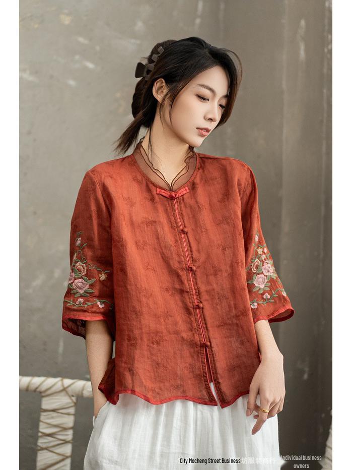 

2025 Ethnic Style Ramie Shirt - Lightweight Embroidered Spring/Summer Chinese Design One Size (90-140 jin)