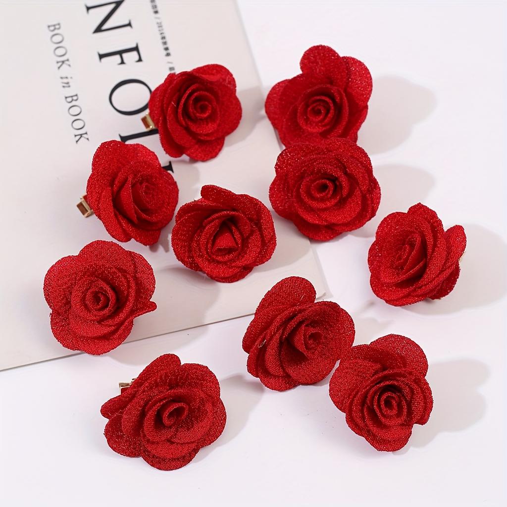 10PCS/Set Romantic Red Fabric Rose Flower Hair Clips - Soft, Elegant, Perfect for Valentine's Day, Party, Wedding