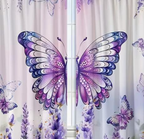 2pcs Dreamy Purple Lavender Butterfly Light-Filtering Curtains Rod Pocket Design for Living Room Bedroom Office Decor Curtains