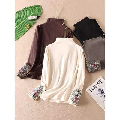 Women's Ethnic Embroidered Fleece T-shirt - Autumn/Winter Long Sleeve Half-High Collar