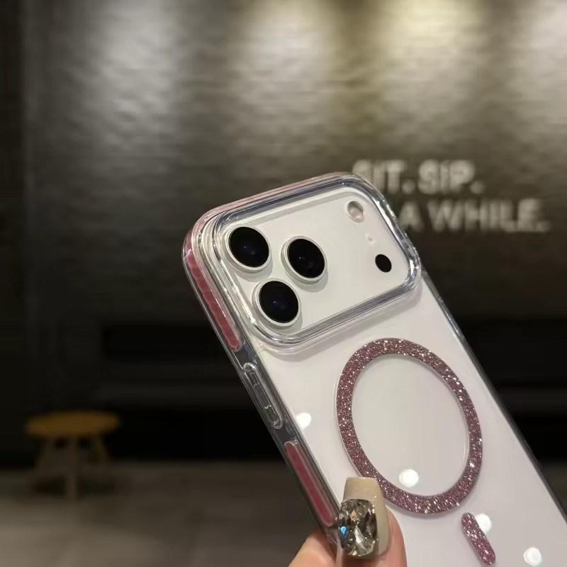 Luxury Glitter Bling For Magsafe Wireless Charge Circle Phone Case For iPhone11 12 13 14 15 16 17 Pro Max Plus 16e Clear Cover