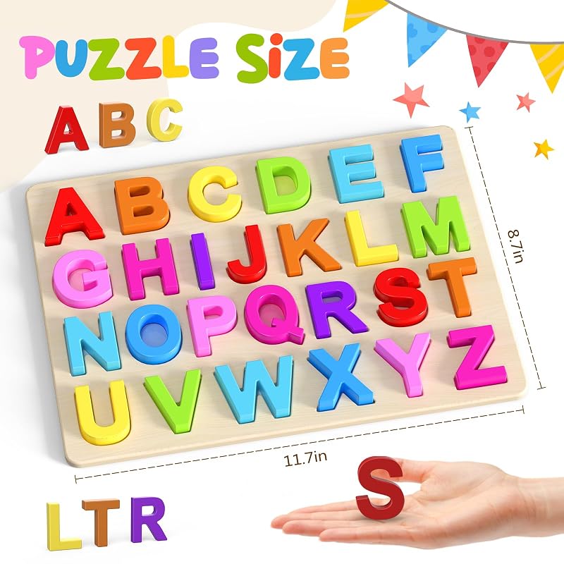 Zeoddler Alphabet Puzzle, Wooden Puzzle for Toddlers, ABC Shape Puzzle for Kids, Preschool Learning Activity, Gift for Girls and Boys.