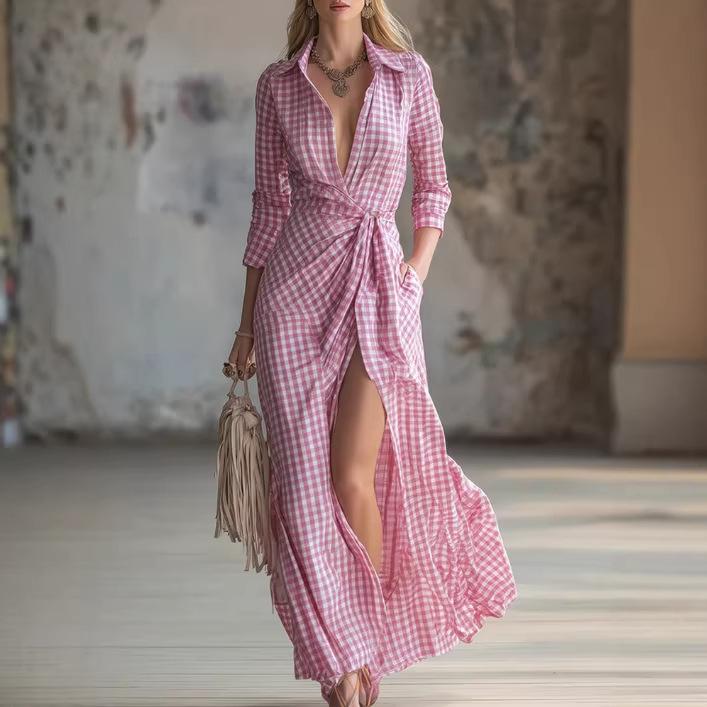European and American elegant urban pink plaid wrap-around dress S