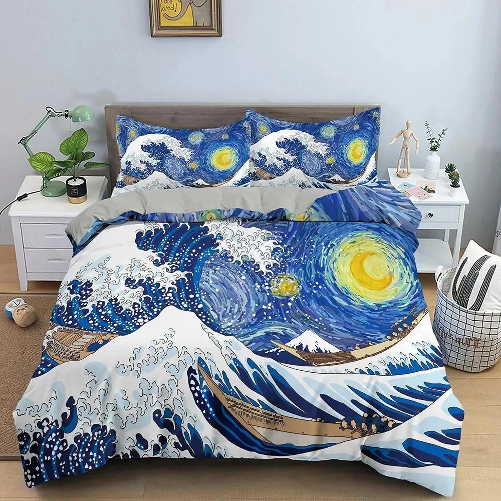 Big Wave Japanese Art Abstract Comfortable Duvet Quilt Cover Pillowcase Bedding Set Children Bedroom Decoration Home Textile